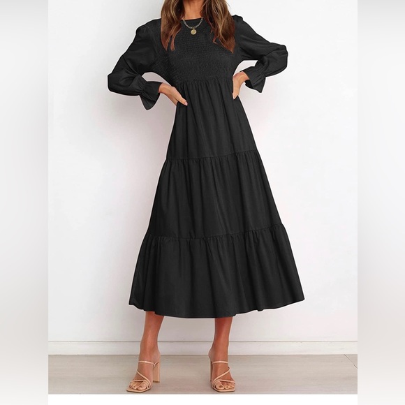 Navy Blue Smocked Tiered Puff Sleeve Flowy Maxi Dress